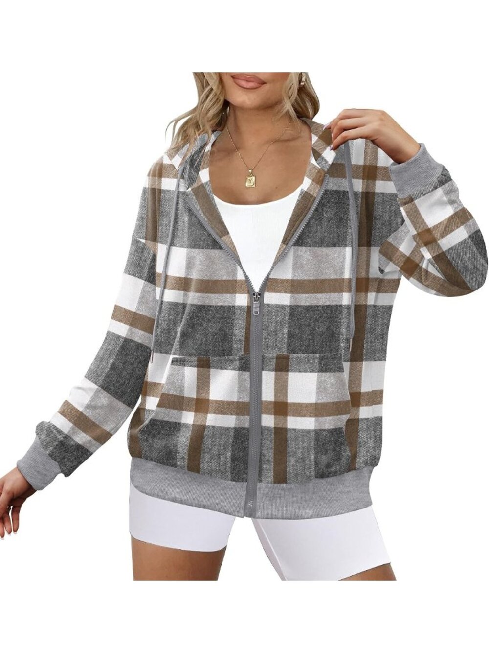Women Grey White Plaid Long Sleeve Zip Up Oversized Sweatshirt Zipper Jackets